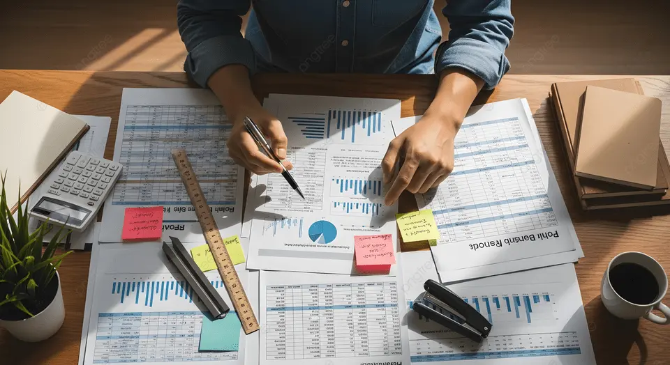 pngtree accountant analyzing financial reports and charts on a wooden desk with image 20619789